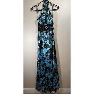 TABOO Blue And Black Maxi Floor Length Dress Size 11/12 Floral Print Around Neck